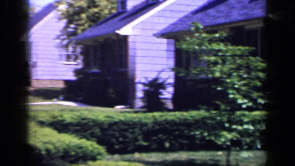 1965 Long Island residential view with small houses, trimmed hedges, green lawns, and a walkway visible between properties.