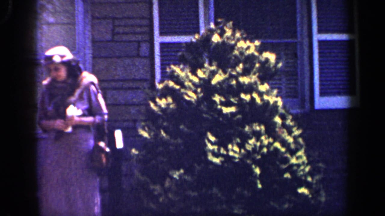 The woman appears at the left edge of the frame as foliage fills the foreground outside the Long Island house.