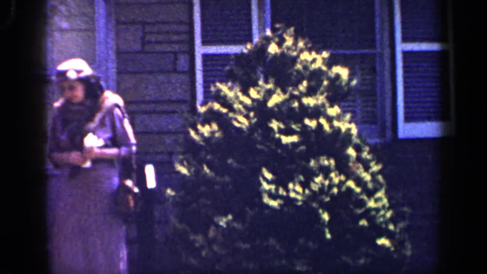 The woman appears at the left edge of the frame as foliage fills the foreground outside the Long Island house.
