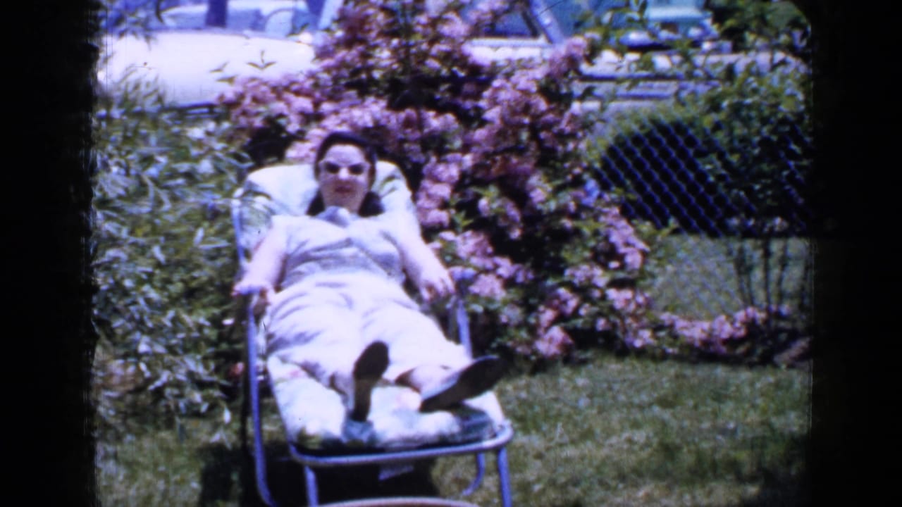 The woman lies back on a lawn chair, framed by grass, blooming shrubs, a chain-link fence, and parked cars beyond the yard.