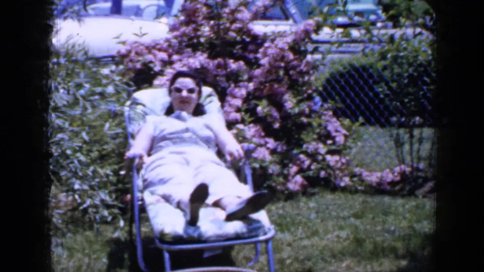 The woman lies back on a lawn chair, framed by grass, blooming shrubs, a chain-link fence, and parked cars beyond the yard.