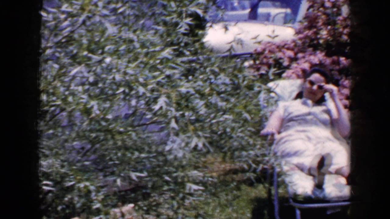 A woman in a white dress reclines in a backyard lounge chair in 1965 Long Island, with pink flowers and dense greenery nearby.