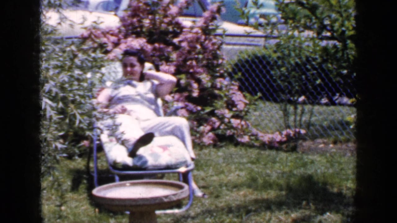 The woman rests in a metal lounge chair on a Long Island lawn, with a round table, pink flowers, fence, and parked cars visible.