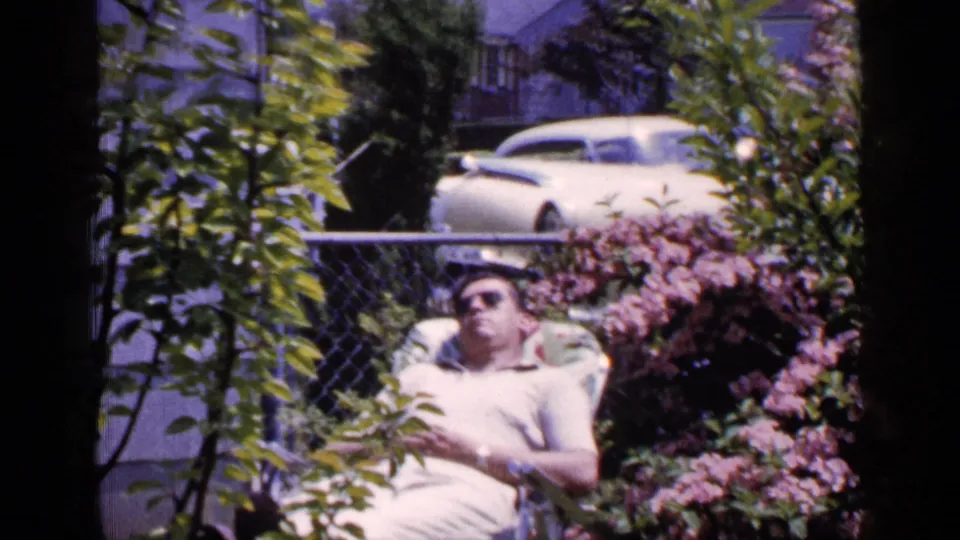 The final frame shows the man still reclining in a Long Island backyard in 1965, surrounded by dense greenery, pink flowering bushes, a chain-link fence, and a light-colored car behind him.
