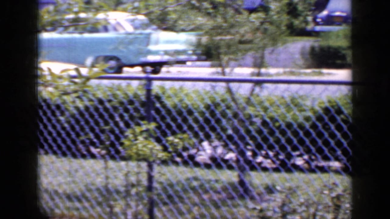 The final frame shows the fenced Long Island yard and street, with lawn, shrubs, houses, and mid-century cars in bright daylight.