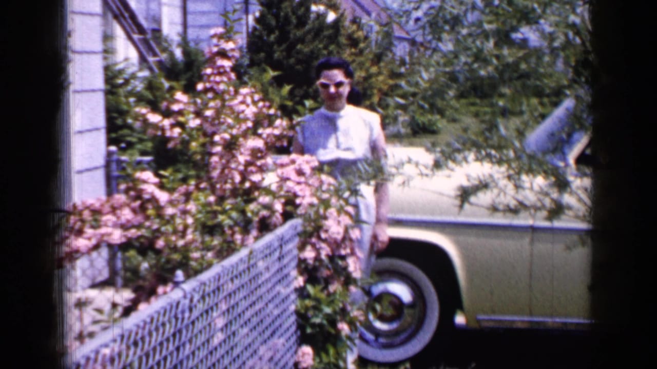 1965 Long Island frame of a woman in a light dress and glasses standing near a cream-colored vintage car, partly screened by flowering bushes and a chain-link fence.