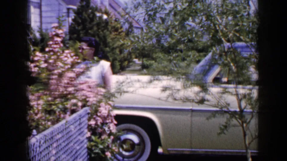 1965 Long Island home-movie frame with a woman partly obscured by pink flowering bushes, standing by a cream-colored car behind a chain-link fence.