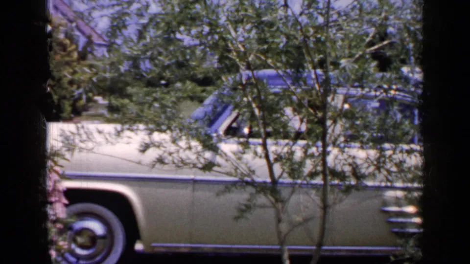 1965 Long Island frame showing the side of a cream-colored vintage car behind leafy branches, with yard plantings and dark frame edges around the view.