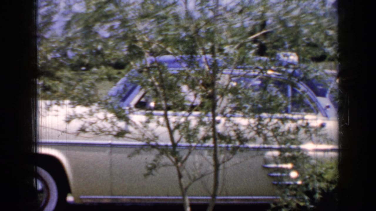 Cream-colored sedan parked behind trees in a sunny suburban street scene.