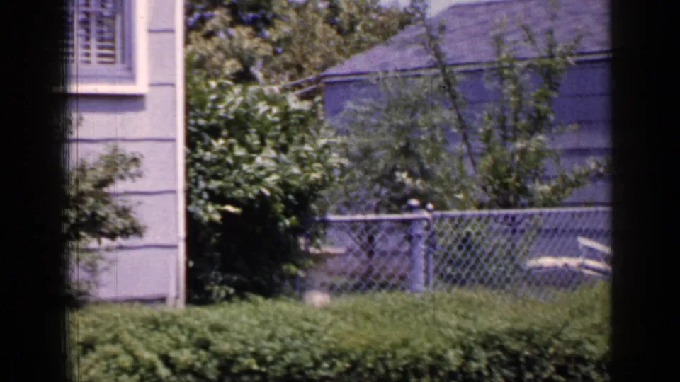 1965 Long Island home-movie view of a house corner, garden shrubs, clipped hedge, chain-link fence, and adjacent residential structure.