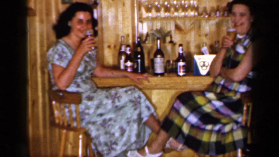 Two women sit close together at a wood-paneled home bar in Long Island, holding drinks amid bottles and glassware.