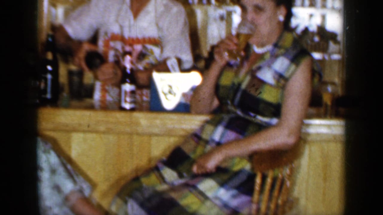 Adults seated at a wood bar with drinks and bottles visible behind them.