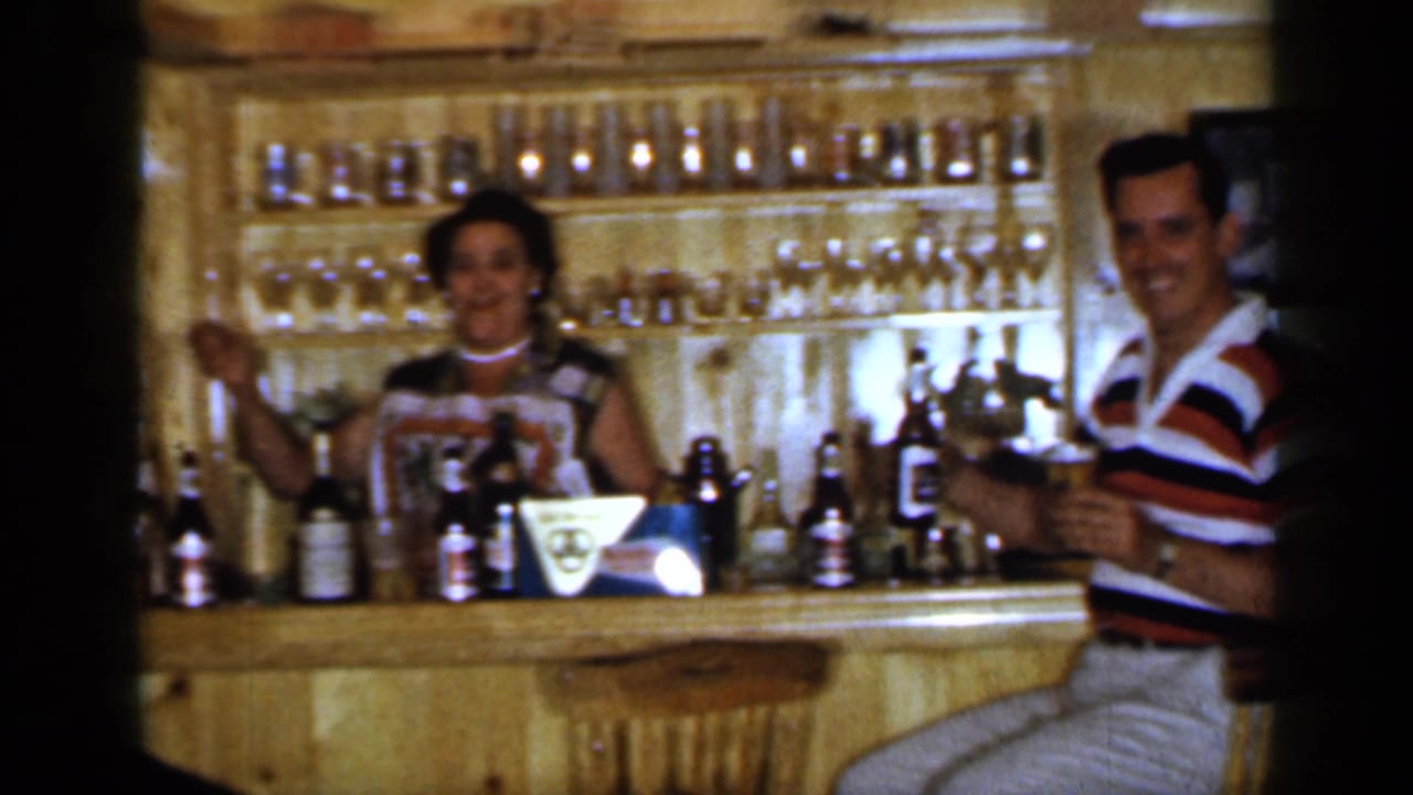 Woman stands behind the bar while a man in a striped shirt sits with a drink.
