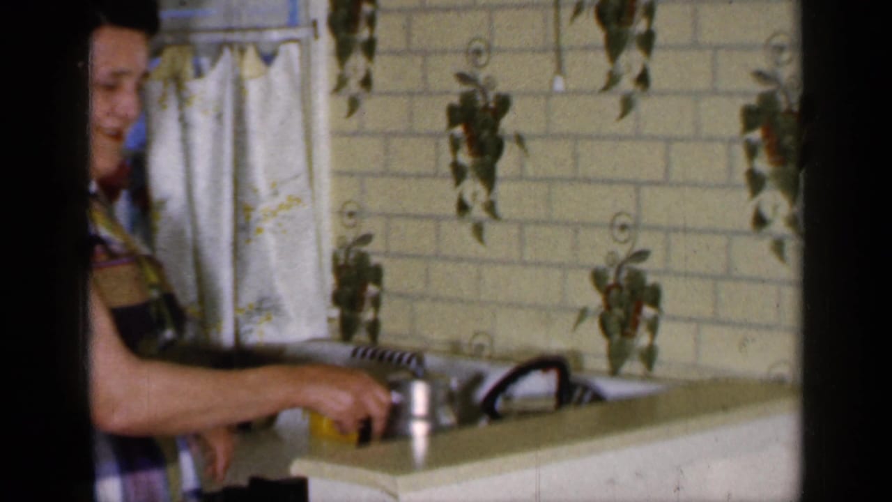 Woman in a plaid dress standing at a kitchen counter beside a sink and patterned wall.