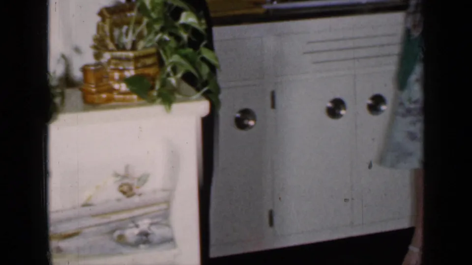 1965 Long Island kitchen frame showing a counter corner with a potted plant, amber containers, white lower cabinets, and a person partly visible at right.