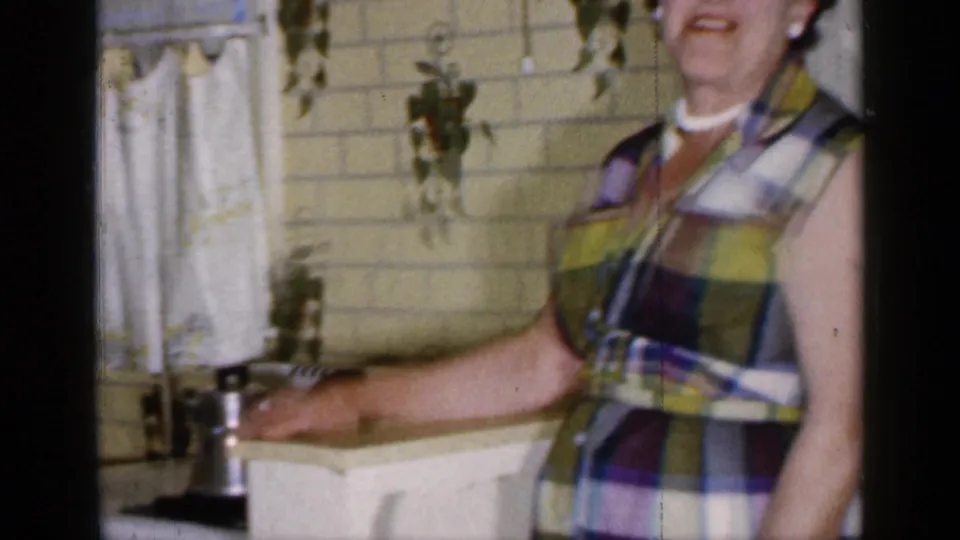 1965 Long Island home-movie frame with a smiling woman in a sleeveless plaid dress standing beside a kitchen sink and hanging plants.