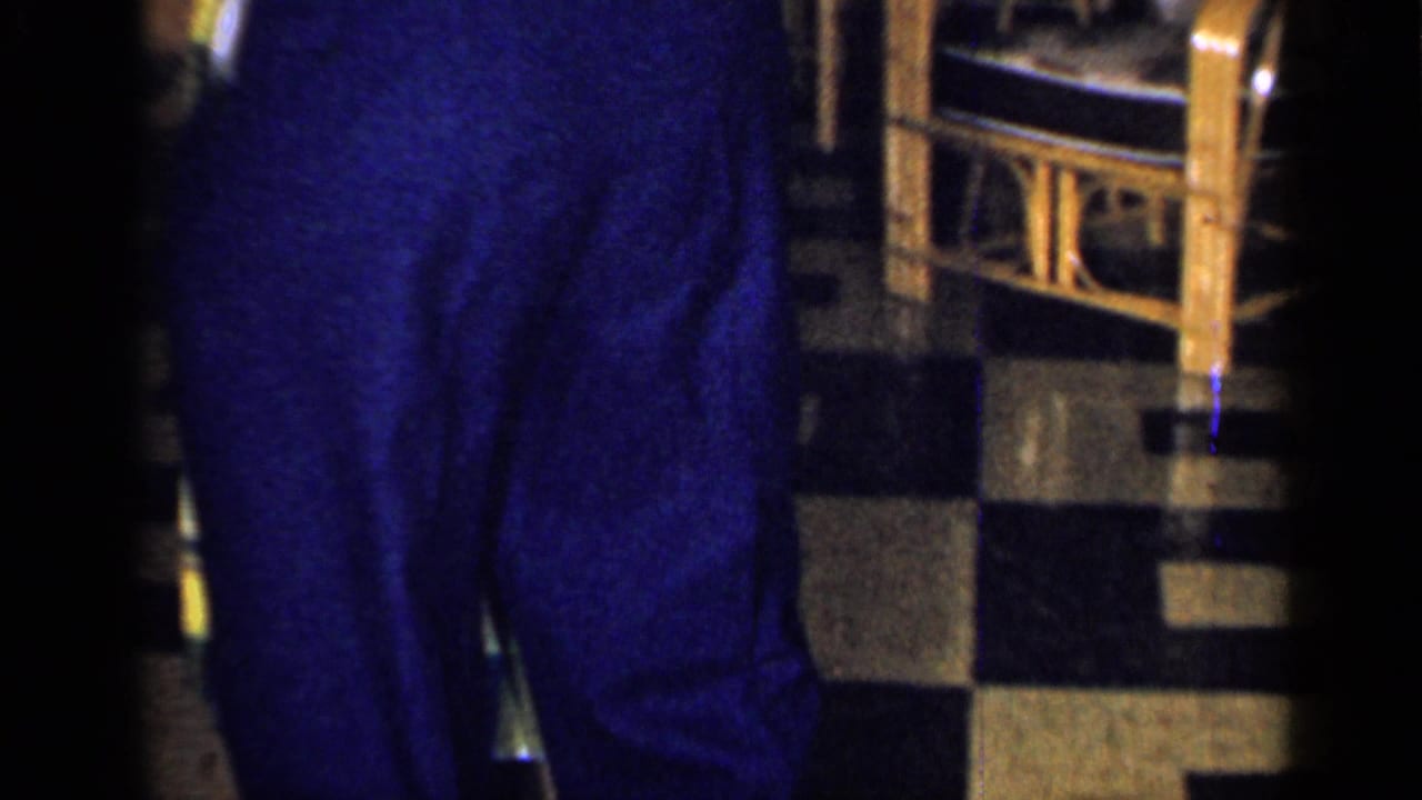 Cropped view of adults standing or dancing near a wood-paneled interior with a plaid dress visible.