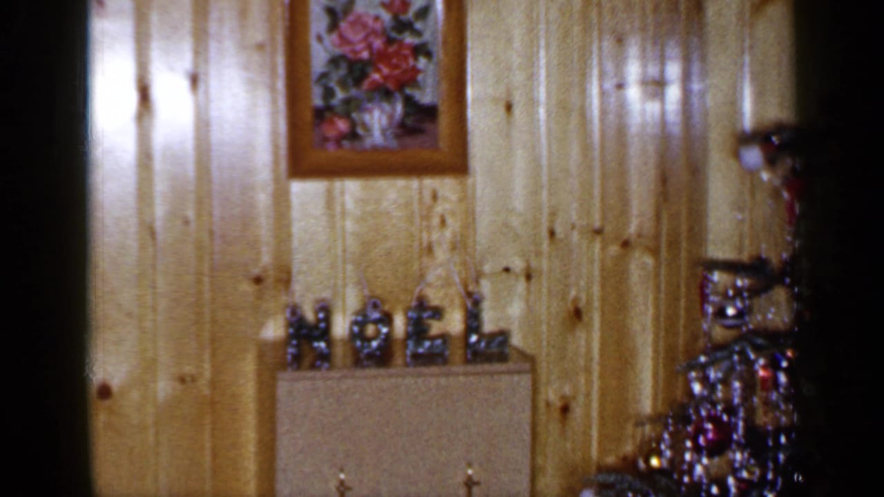 1965 Long Island frame with wood paneling, framed floral wall art, a NOEL display and the decorated tree at the edge.