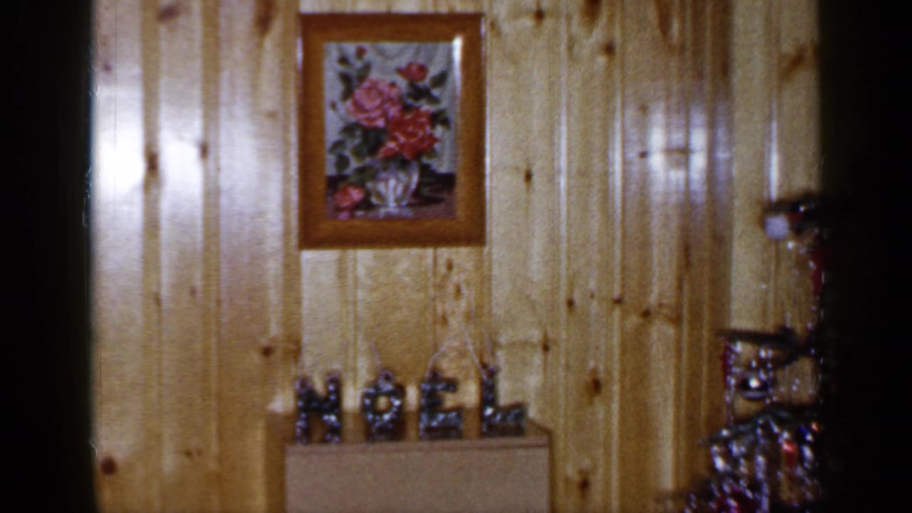 Wood-paneled room with NOEL letters, a framed floral picture, and part of a decorated Christmas tree.