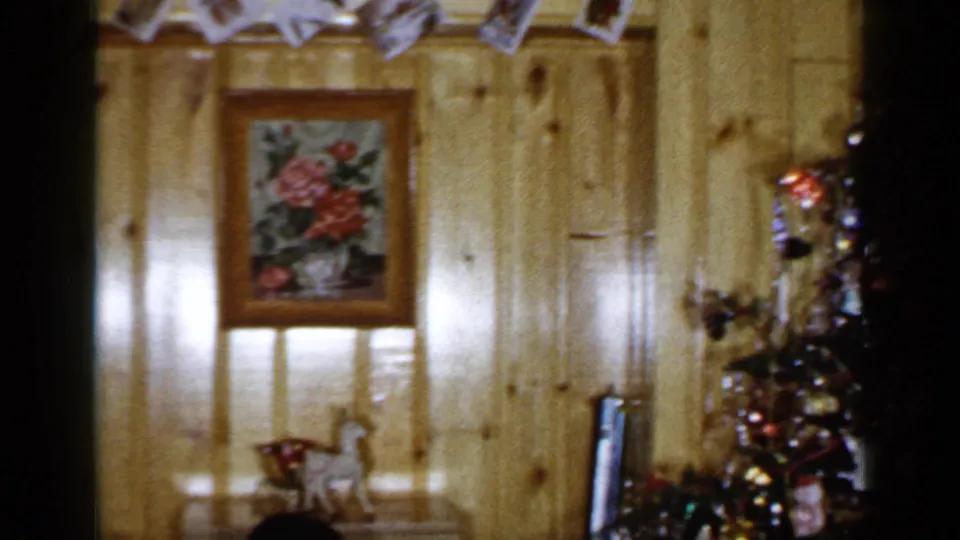 1965 Long Island living room detail with a framed floral picture, small decorative objects and the Christmas tree partly visible at right.