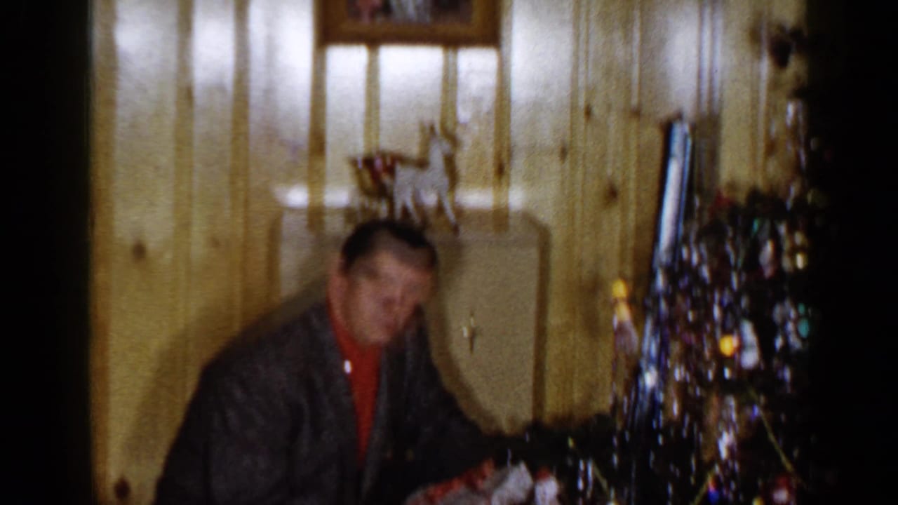 Man seated beside a decorated Christmas tree in a wood-paneled room.