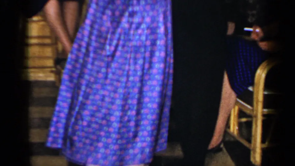 1965 Long Island home-movie frame showing a woman’s patterned dress during a private indoor party dance.