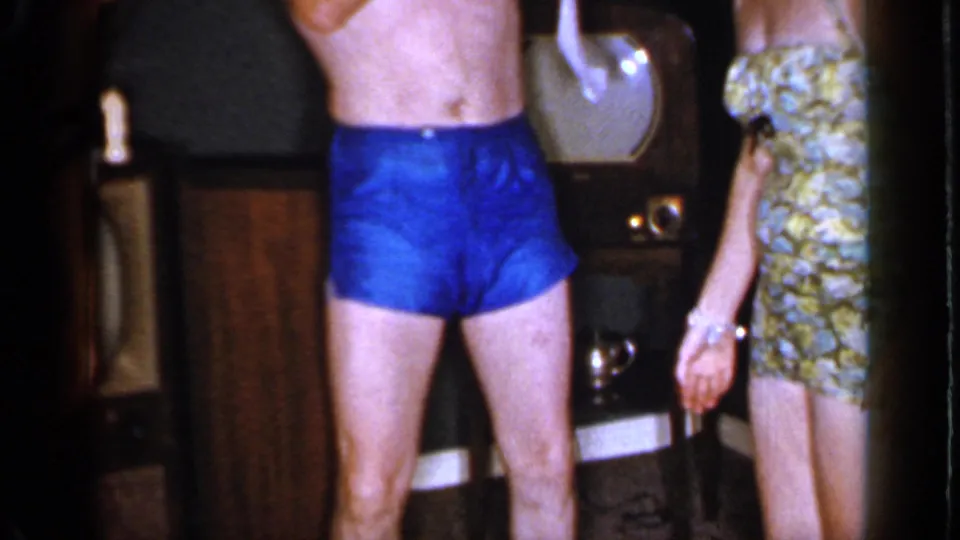 The final Mineola frame shows a shirtless man in blue trunks and a woman in a patterned swimsuit beside a retro television.