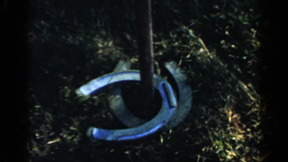 A metal horseshoe lies around the stake on grass, marking the target in the 1966 Mineola backyard game.