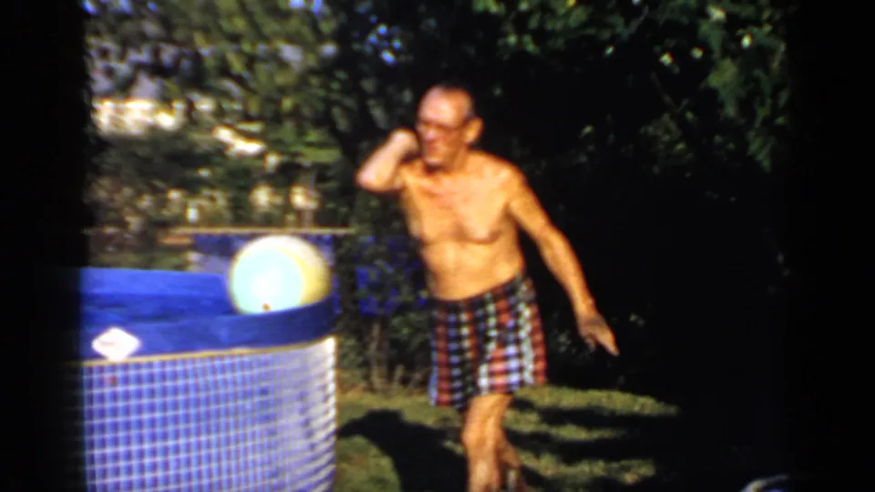 The Mineola backyard scene shows a shirtless man gesturing near a small pool, lawn, and surrounding greenery.