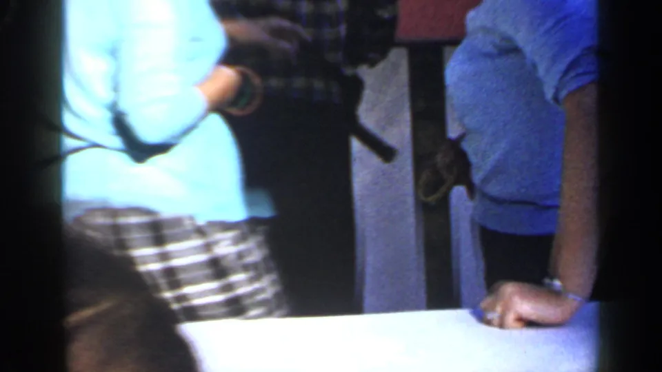 Adults gather around a white table in the 1966 Mineola outdoor banquet footage, partly obscured by bright exposure and shadow.
