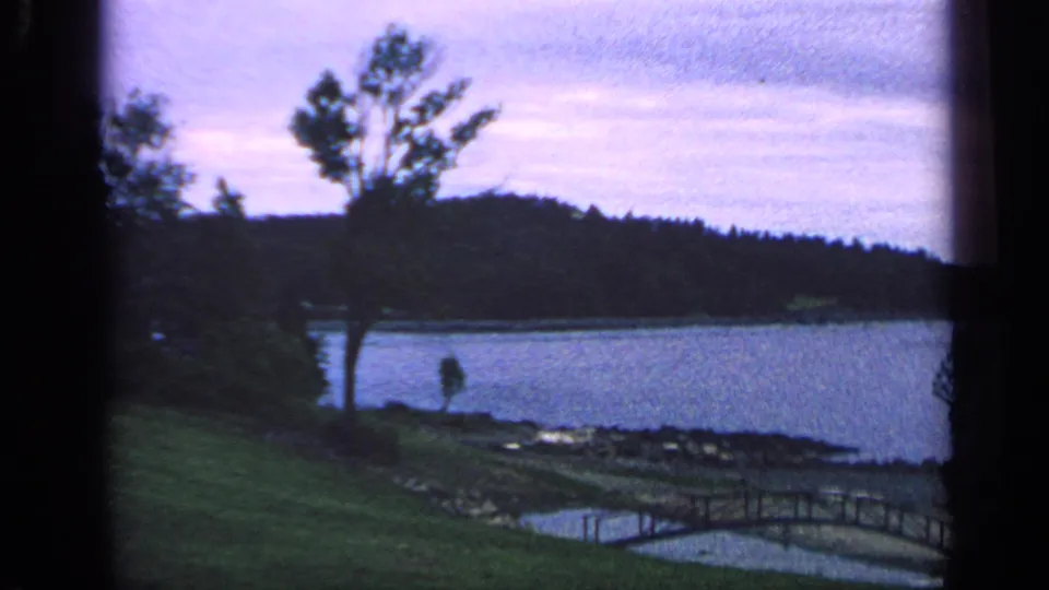 1968 Massachusetts home-movie frame of a quiet waterfront with lawn, tree, wooded shore, and small footbridge.