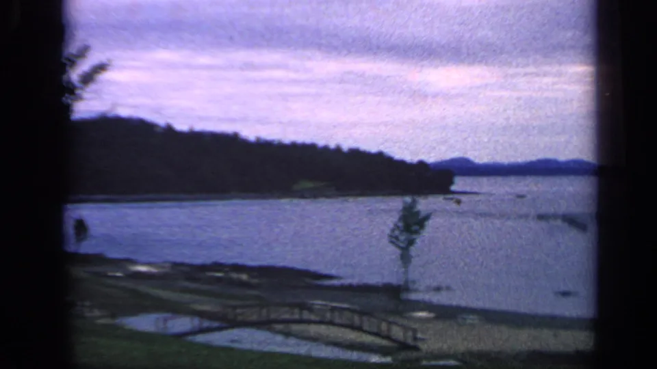 Soft 8mm view of a small wooden bridge near a Massachusetts waterfront, with trees, water, and overcast sky.