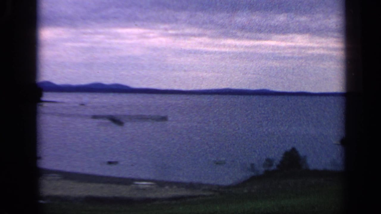 Open lake under cloudy sky with distant hills, shoreline, small boats, and trees at the edge.