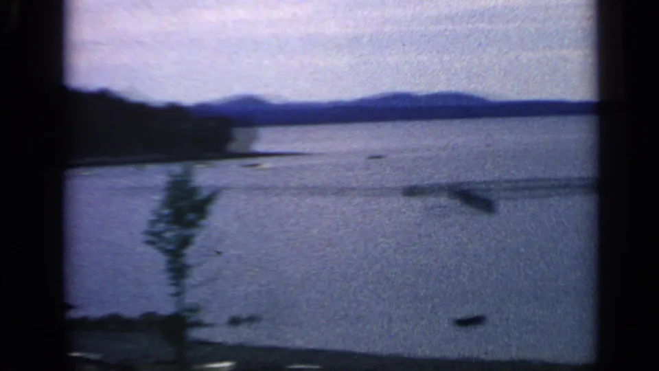 1968 Massachusetts 8mm frame showing a shoreline lake view with a blurred foreground tree, rocks, small boats, and distant hills.
