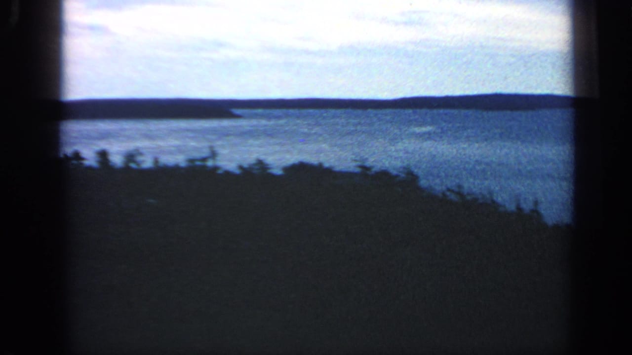 Blue water and pale sky seen beyond a dark shoreline and film-frame edge.