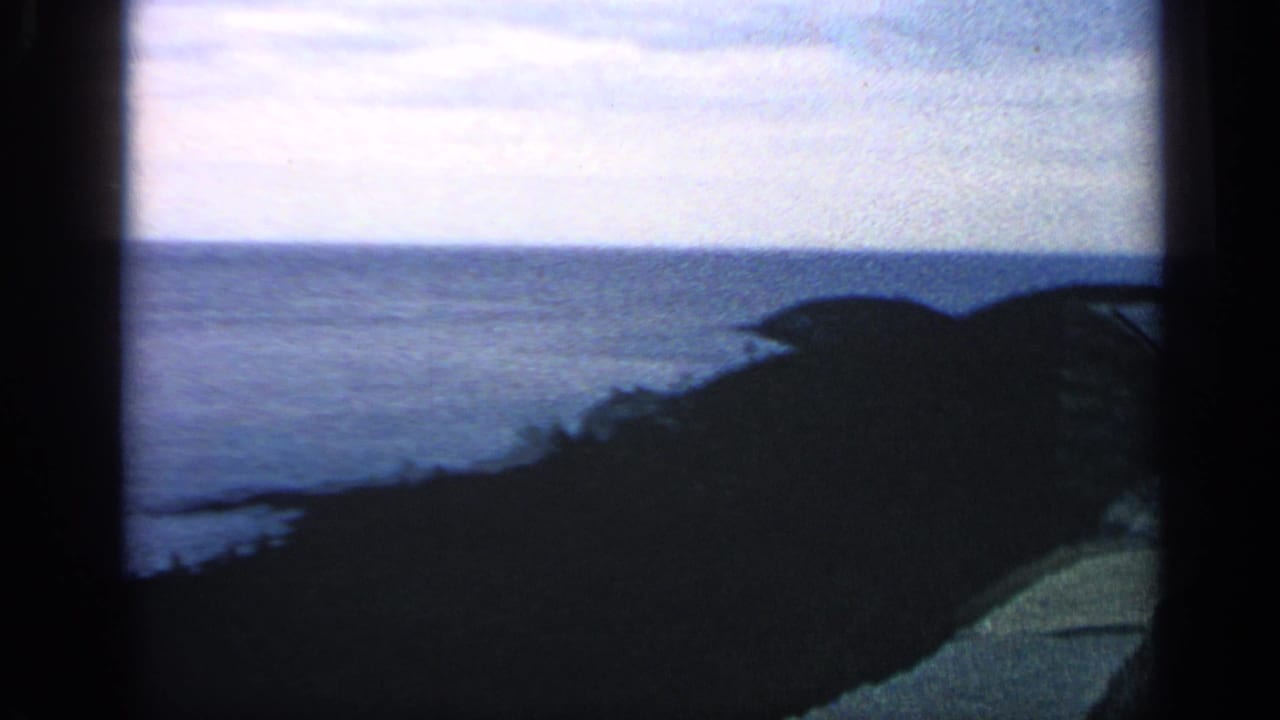 Ocean horizon seen from a dark coastal bluff with film-frame edges.