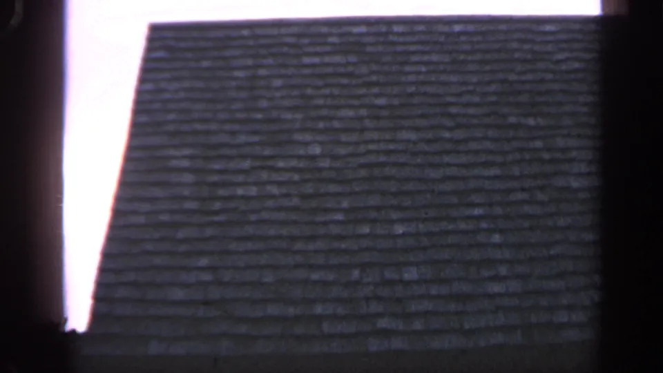 The zoom reveals part of a weathered shingled roof with a bright sky edge and dark frame border.