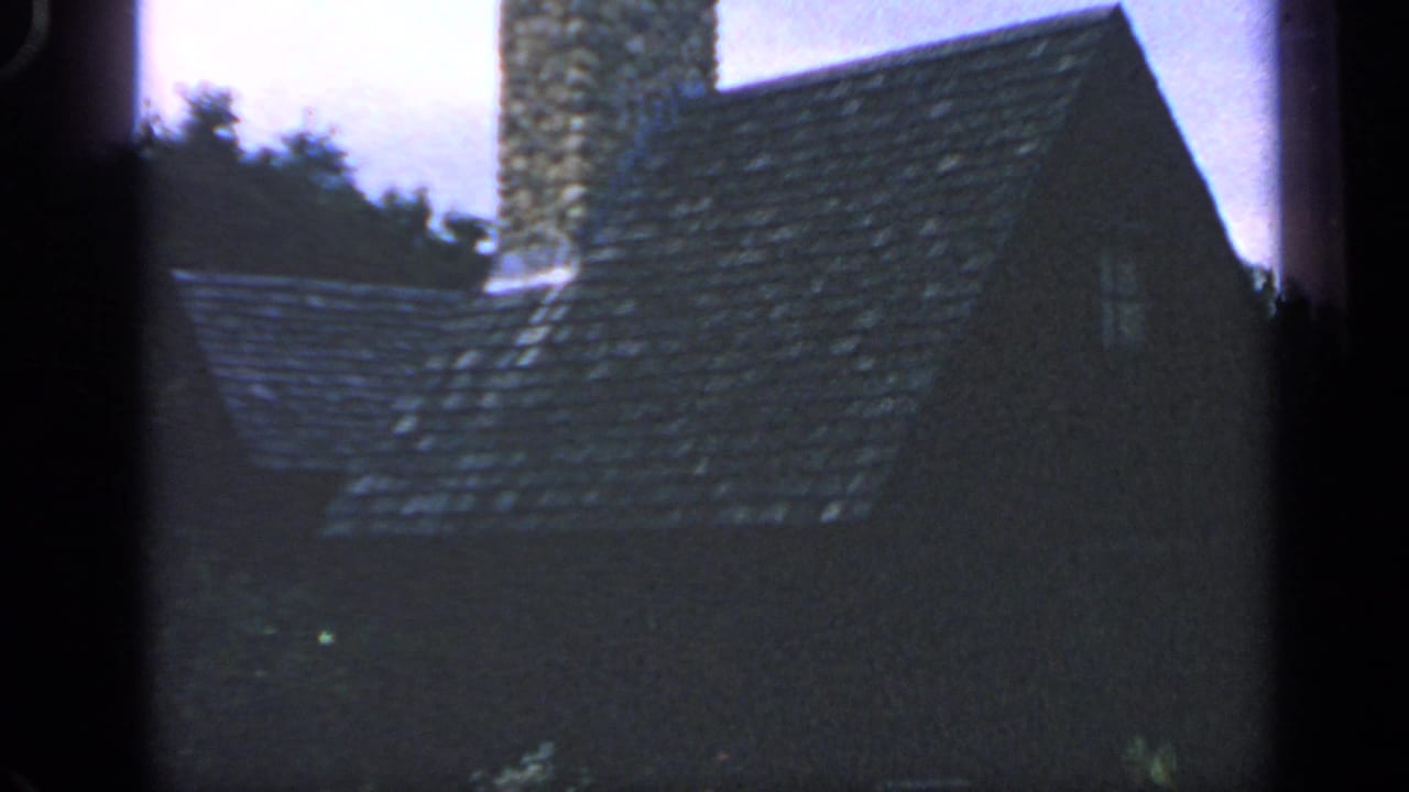 Dark shingled roof and stone chimney of a rural house beneath a pale sky.