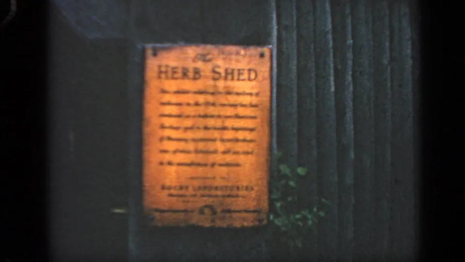 Close 1969 Massachusetts 8mm view of a weathered orange plaque reading Herb Shed on a dark wooden wall, with small plants at the side.