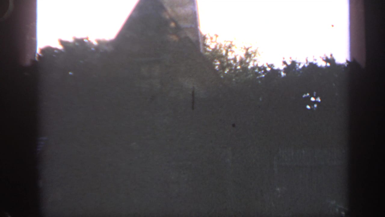 Dark silhouetted rural structure edge behind trees and bright sky.