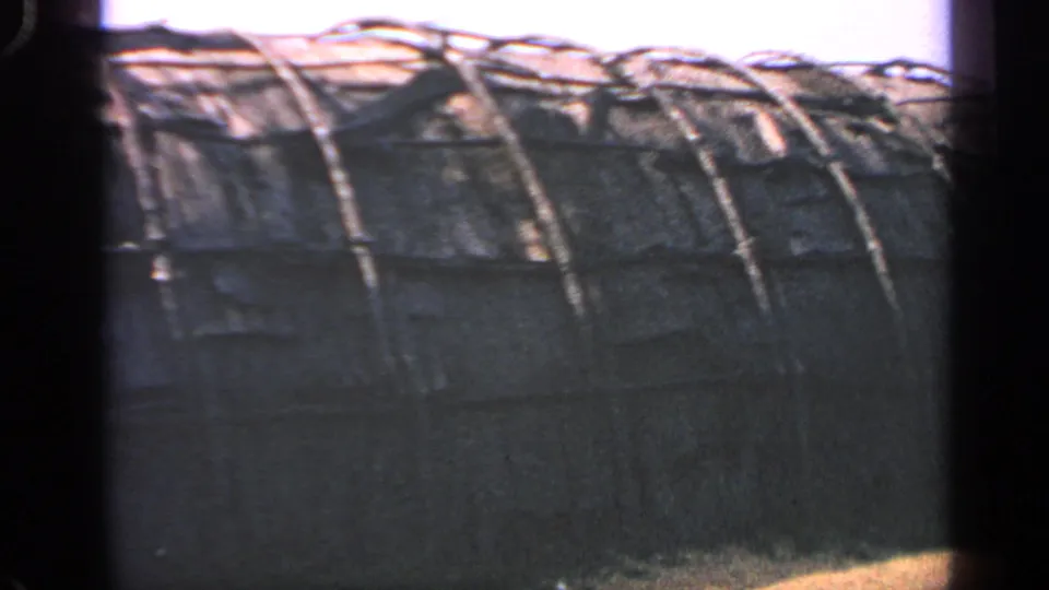 Massachusetts 1969 8mm view of the dome structure's curved ribbed covering, with trees and grass in the rural background.