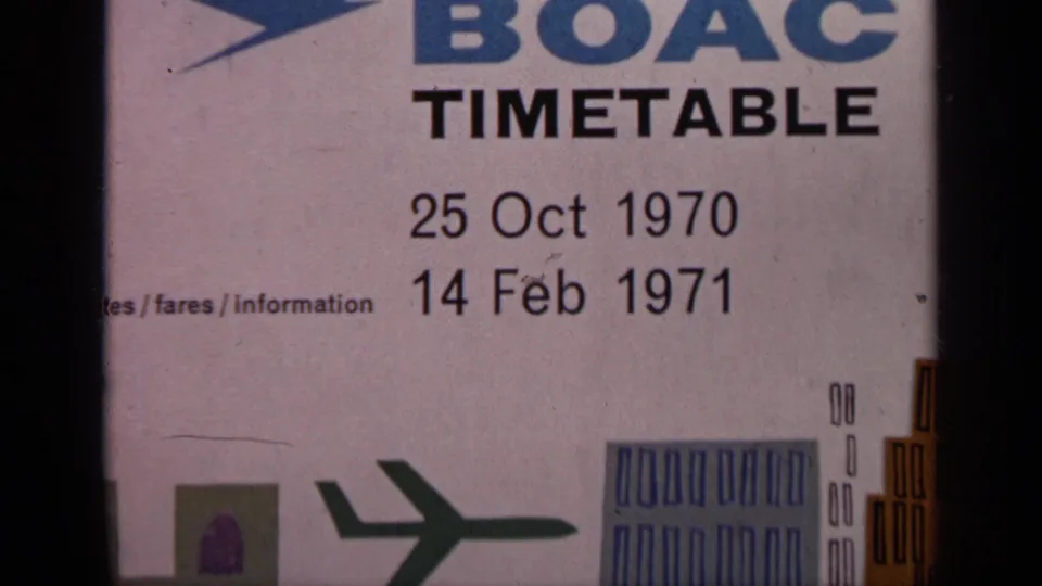 India-related 1970 travel footage showing a BOAC timetable cover with date range, aircraft graphic, and color printed design.