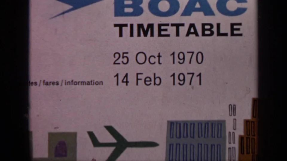 Soft-focus 8mm view of a BOAC timetable cover, with the printed 1970 and 1971 dates centered in frame.