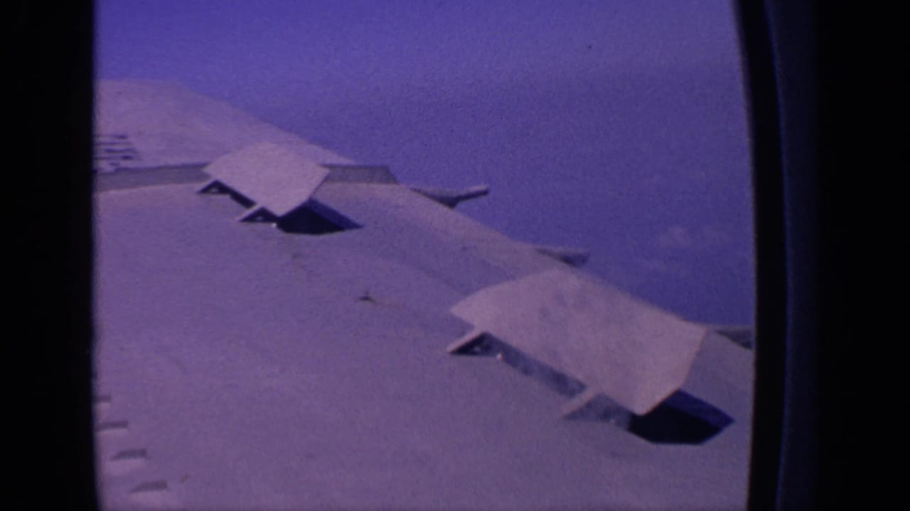 Airplane wing seen through a window with flap panels raised against a purple sky.