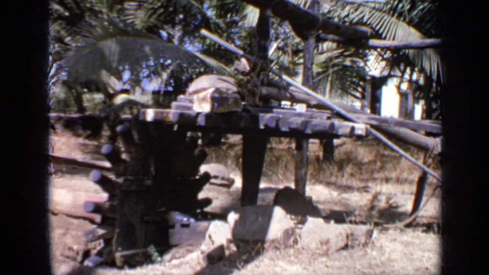 Close 1970 India 8mm view of a weathered wooden implement or cart frame, with long poles, dry grass, stones, and palm foliage in the background.