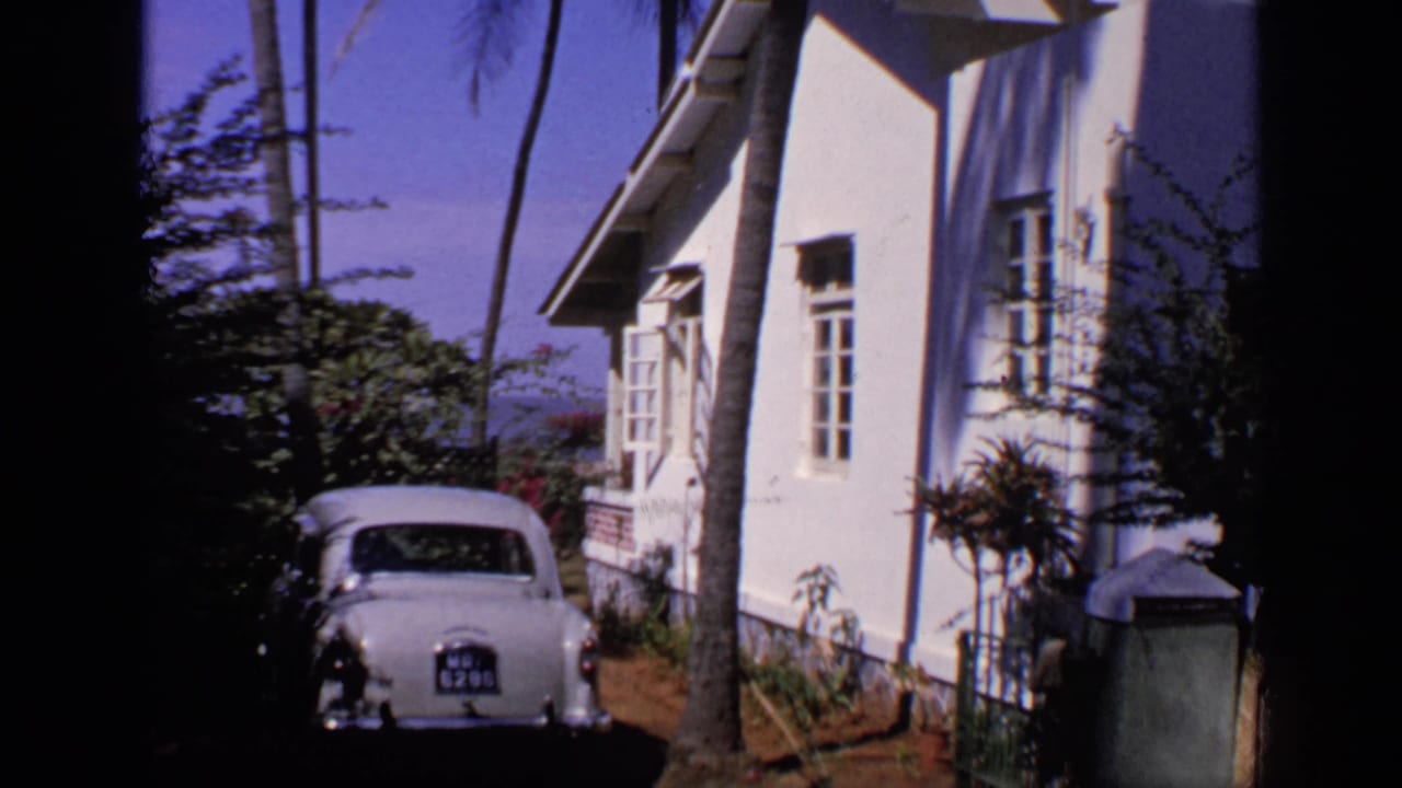 White house with palm trees and a white sedan parked in the driveway.