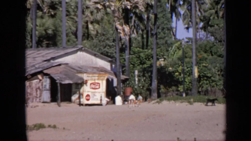 1970 8mm home-movie view in India of a sandy beach shack with a Coca-Cola sign, palm trees, people near the structure, and a black dog.