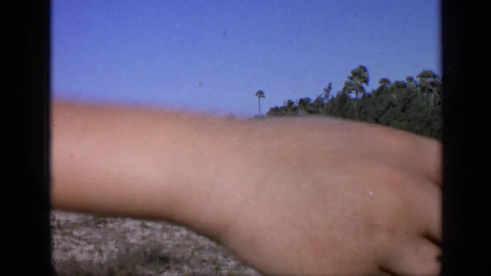 1970 India 8mm frame where a forearm crosses the lens, partly obscuring the open ground and palm-lined background.