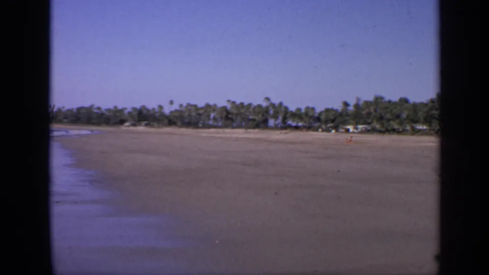 1970 India beach frame with open tan sand, distant palm trees, blue sky, and small beachgoers far from the camera.
