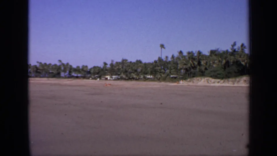 A static 8mm view of an Indian beach in 1970, with open sand, palms, greenery, and soft faded color.